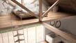 Mezzanine loft bedroom, stairs and living with sofa, minimalist scandinavian interior design