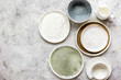 ceramic tableware top view on stone background mock up