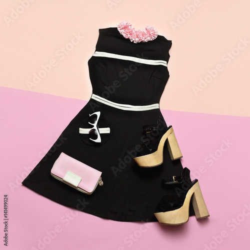 black dress pink accessories