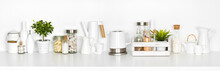 Kitchen Shelf Full Of Various Utensils Isolated On White Background
