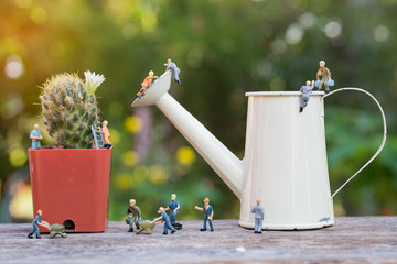 miniature people working in the cactus garden