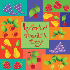 Wall Mural - Fruits and berries. Vitamins. The concept of world health day. Fruits and berries - healthy food. Design in a bright colorful style.