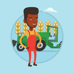 Poster - Farmer standing with combine on background.