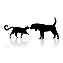 Dog And Cat Touching Noses Silhouette. EPS 10 Vector.