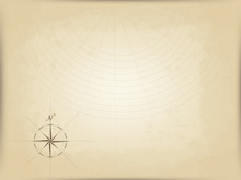 Old Map On Parchment. Vector. Compass Graphic From The Edge. Navigation Markup