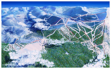 Ariel view of mountains, clouds and ski trails with a view far enough away to start showing the curve of the earth in the background mountains