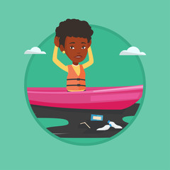 Sticker - Woman floating in a boat in polluted water.