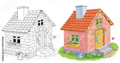 Three Little Pigs Fairy Tale A Cute House Made Of Bricks Coloring Page Illustration For Children Stock Illustration Adobe Stock