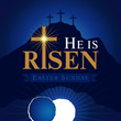 He is risen navy blue card. Easter christian motive,with text He is risen on on a background of rolled away from the tomb stone of Calvary