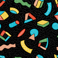 Aufkleber - Colorful seamless vector pattern with hand drawn doodles and geometric shapes on black background. Retro looks, hipster graphic template background