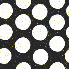 Aufkleber - Yellow Circles and Black Chaotic Dots on White Background. Abstract Monochrome Seamless Pattern.