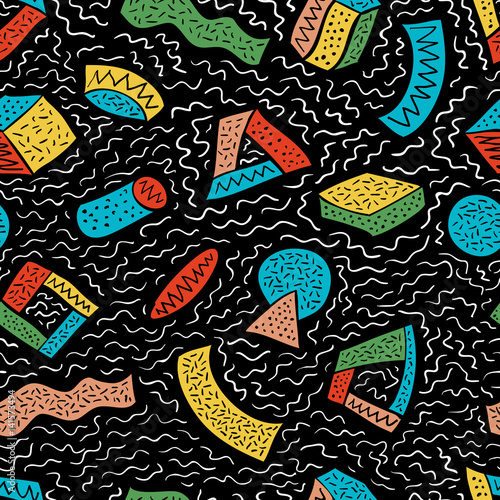 Foto Retro looks seamless vector pattern with hand drawn doodles on colorful geometric shapes