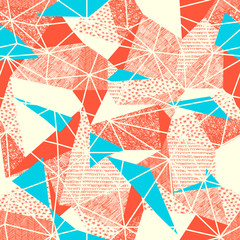 Leinwandbilder - Geometric seamless pattern in retro style. Vintage background.Triangles and hand drawn patterns. Low poly seamless repeat pattern. Triangular facets. Vector pattern. Cyan Triangles