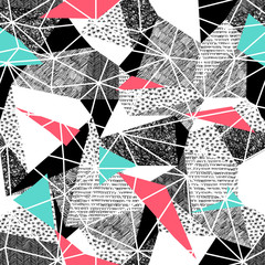Leinwandbilder - Geometric seamless pattern in retro style. Vintage background.Triangles and hand drawn patterns. Low poly seamless repeat pattern. Triangular facets. Vector pattern. Pink and Cyan Triangles
