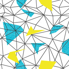 Leinwandbilder - Triangles wire-frame seamless repeat pattern. Triangular facets. Doodles hand-drawn pattern. Vector pattern. Wireframe Background Blue and Yellow Seamless Pattern.