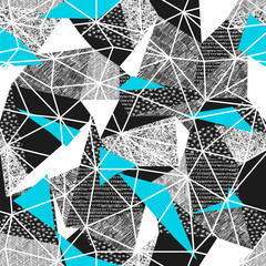 Leinwandbilder - Geometric seamless pattern in retro style. Vintage background.Triangles and hand drawn patterns. Low poly seamless repeat pattern. Triangular facets. Vector pattern. Cyan Triangles