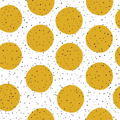 Aufkleber - Yellow Circles and Black Chaotic Dots on White Background. Abstract Monochrome Seamless Pattern.