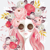 Vector illustration of a sunglasses woman with floral bouquet on her hair in spring for Wedding, anniversary, birthday and party. Design for banner, poster, card, invitation and scrapbook				