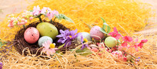 Easter Decoration On Straw Background