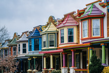 The Colorful Painted Ladies Row Houses, On Guilford Avenue, In Charles Village, Baltimore, Maryland.