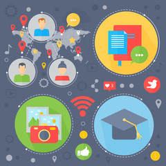 Aufkleber - Social Network and Social Media flat concept design. Media icons in circles. Digital marketing infographics template banner design. Vector illustration.