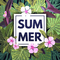 Wall Mural - Summer tropical background with exotic palm leaves and pink flowers. Jungle vector floral template.