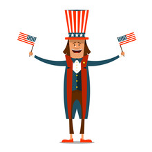 American Independence Day. The 4th Of July. Man In Traditional Costume On White Isolated Background With American Flags In Their Hands. Vector Illustration.