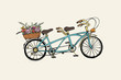 Hand drawn tandem city bicycle with basket of flower. Vintage, retro style. Sketch vector colorful illustration.