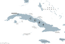 Cuba Political Map With Capital Havana. Republic In The Northern Caribbean With The Neighbor Countries Jamaica, Haiti, The Cayman Islands And The Bahamas. English Labeling And Scaling. Illustration.
