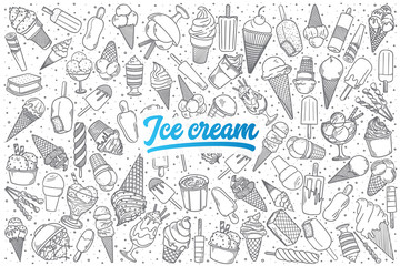 Hand drawn ice cream doodle set background with blue lettering in vector