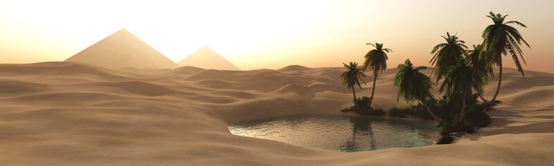 Wall Mural - Beautiful oasis in the sandy desert, palm trees on the lake, palms in the desert
