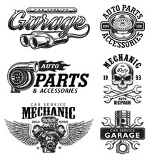 Set Of Vintage Monochrome Auto Repair Service Templates Of Emblems, Labels, Badges And Logos. Isolated On White Background.