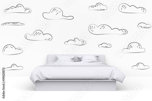 White Modern Bed In Room With Hand Drawn Painted On Wall