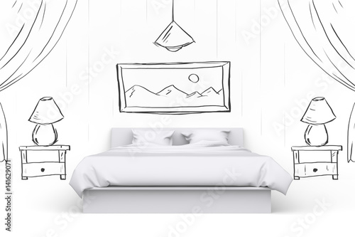 White Bed In Room With Hand Drawn Painted On White Wall Big