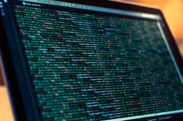Wall Mural - software development. software source code. programming code. writing programming code on laptop.
