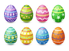 Set Of Eight Colorful Easter Eggs. Isolated On White Background. Vector Illustration.