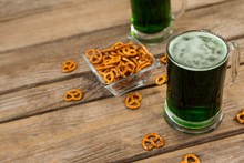 St Patricks Day Two Mugs Of Green Beer With Pretzel