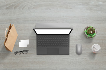 Wall Mural - top view of keyboard with white isolated screen for web site presentation. bag, glasses, business ca
