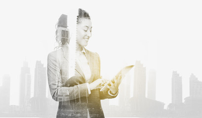 Poster - smiling businesswoman with tablet pc computer