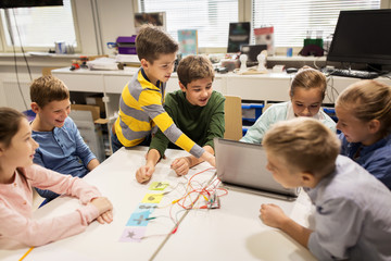 Wall Mural - kids, laptop and invention kit at robotics school