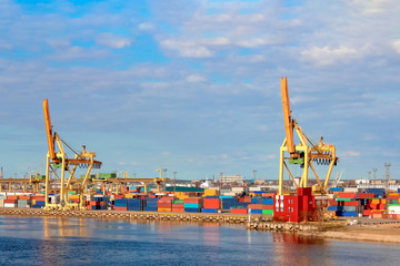 Poster - Baltic container terminal with port cranes. Riga cargo terminal