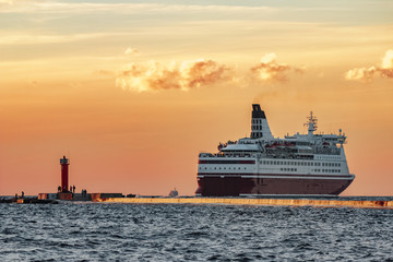 Poster - Red cruise liner. Passenger ferry sailing from Riga to Stockholm