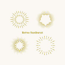 Sunburst Frames Set. Retro Gold Sun Burst Shape. Vintage Explosion Logo, Label, Badge. Firework Design Element. Old Light Rays Radiating From A Center. Retro, Vintage, Hipster Style