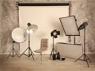 Canvas Print - Modern photo studio with lighting equipment