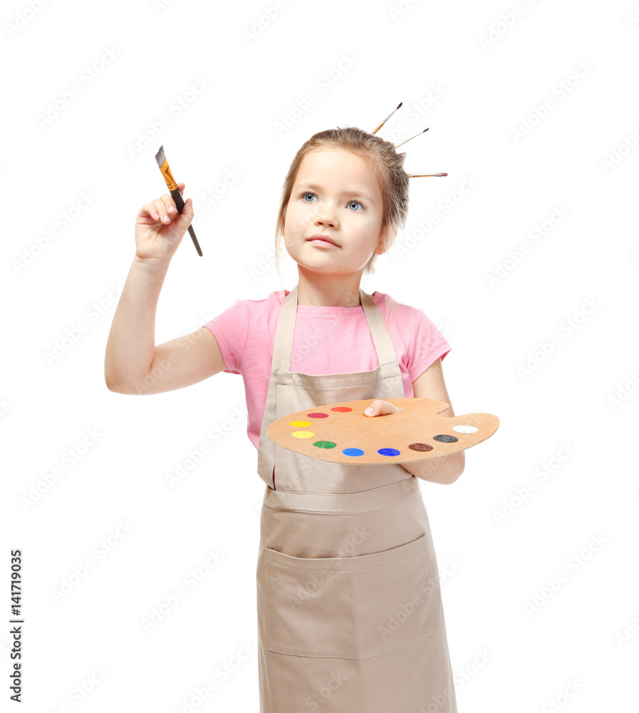 Cute little artist on white background