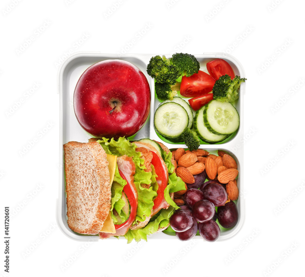 Lunch box with delicious food on white background