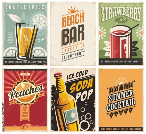 Collection of retro posters with organic juices and popular drinks © lukeruk