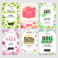 Wall Mural - Set of mobile spring sale banners. Vector illustrations of online shopping website and mobile website banners, posters, newsletter designs, ads, coupons, social media banners.