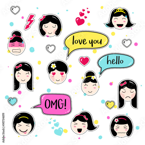 Set Of Cute Patch Badges Girl Emoji With Different Emotions And