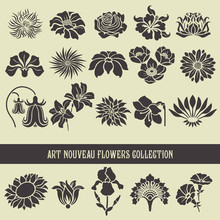 Set Of Floral Elements And Silhouettes Of Flowers, Ornamental Patterns For Using In Invitation Cards, Ornaments, Wedding Invitations, Etc. Art Nouveau Style